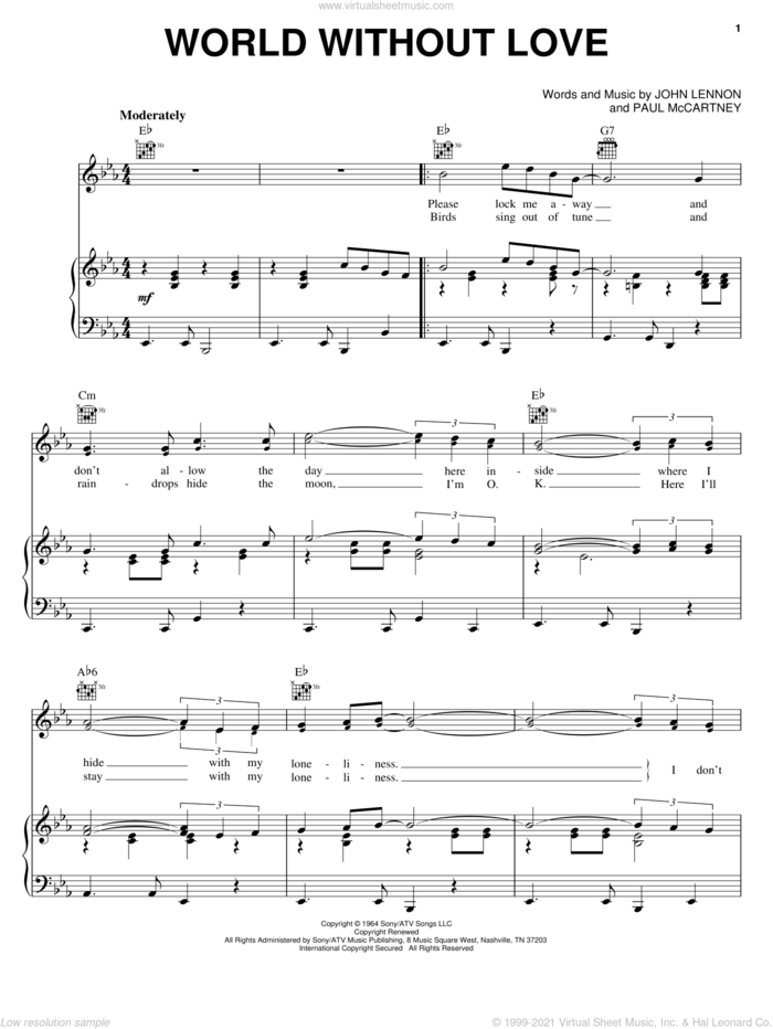World Without Love sheet music for voice, piano or guitar by Peter and Gordon, Peter & Gordon, The Beatles, John Lennon and Paul McCartney, intermediate skill level