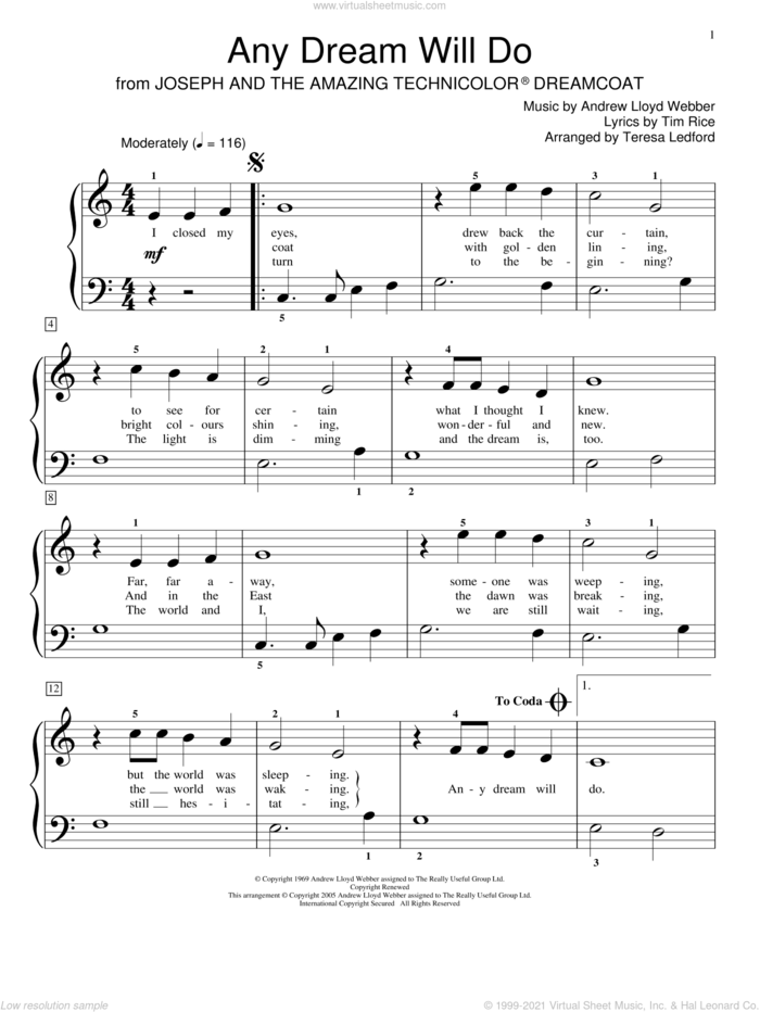Any Dream Will Do sheet music for piano solo (elementary) by Andrew Lloyd Webber, Teresa Ledford, Joseph And The Amazing Technicolor Dreamcoat (Musical), Miscellaneous and Tim Rice, beginner piano (elementary)