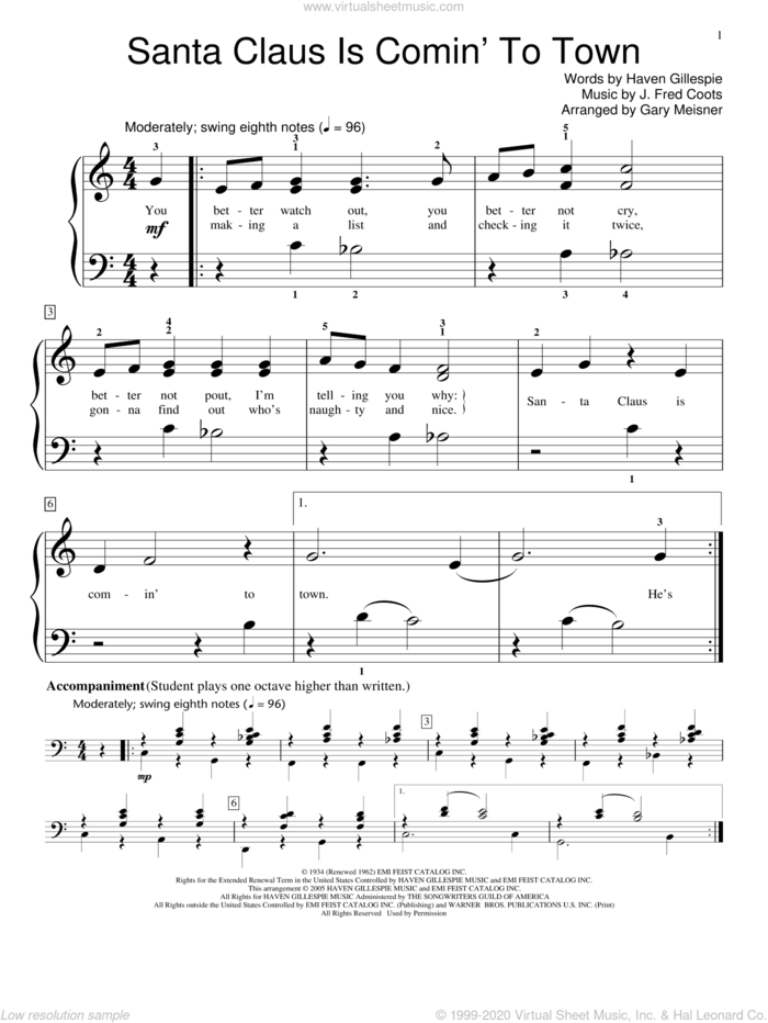 Santa Claus Is Comin' To Town sheet music for piano solo (elementary) by J. Fred Coots, Gary Meisner, Miscellaneous and Haven Gillespie, beginner piano (elementary)