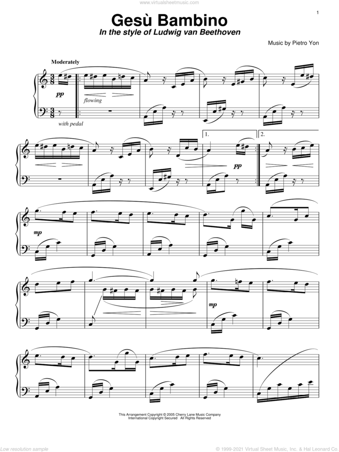 Gesu Bambino (The Infant Jesus) (in the style of Beethoven) sheet music for piano solo , Carol Klose, Frederick H. Martens and Pietro Yon, classical score, intermediate skill level