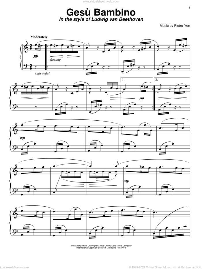 Gesu Bambino (The Infant Jesus) (in the style of Beethoven) sheet music for piano solo , Carol Klose, Frederick H. Martens and Pietro Yon, classical score, intermediate skill level