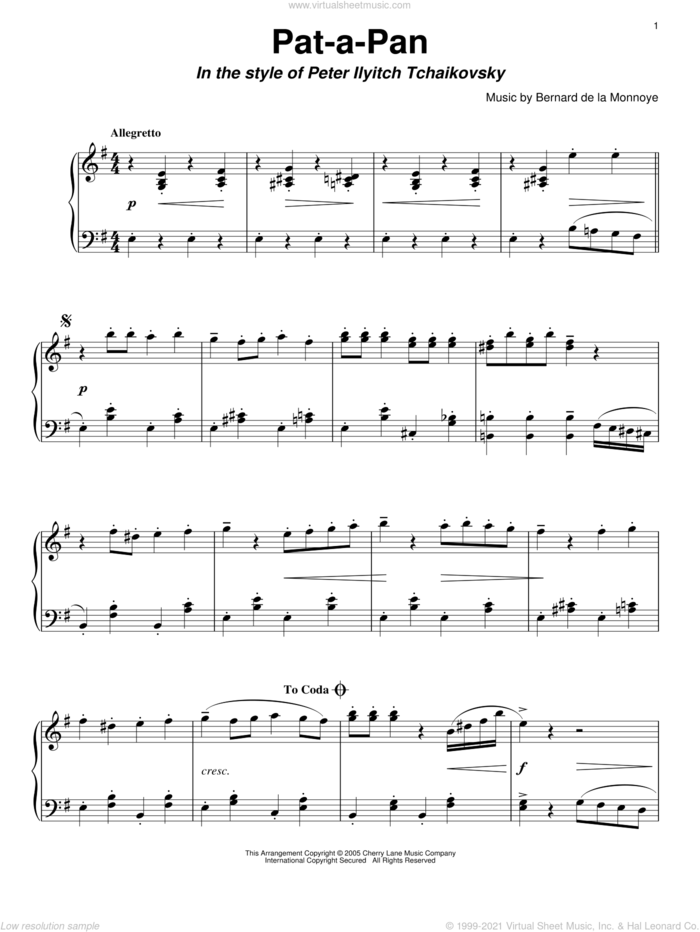 Pat-A-Pan (Willie, Take Your Little Drum) (in the style of Tchaikovsky) sheet music for piano solo by Bernard de la Monnoye and Carol Klose, intermediate skill level