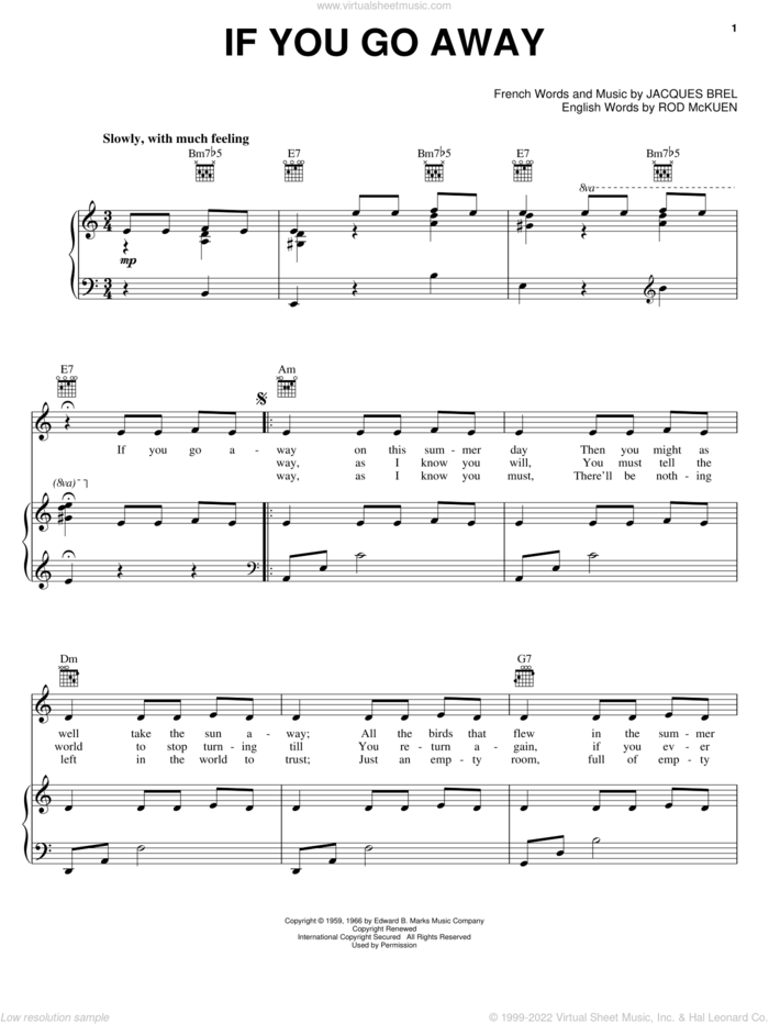 If You Go Away sheet music for voice, piano or guitar by Jacques Brel and Rod McKuen, intermediate skill level