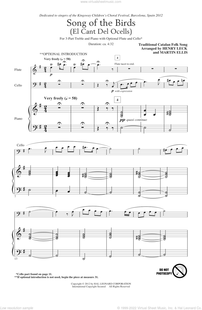 Song Of The Birds (El Cant Del Ocells) sheet music for choir (3-Part Treble) by Henry Leck, Martin Ellis and Traditional Catalan Folk Song, intermediate skill level