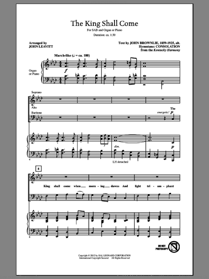 The King Shall Come sheet music for choir (SAB: soprano, alto, bass) by John Leavitt, John Brownlie and Kentucky Harmony, intermediate skill level