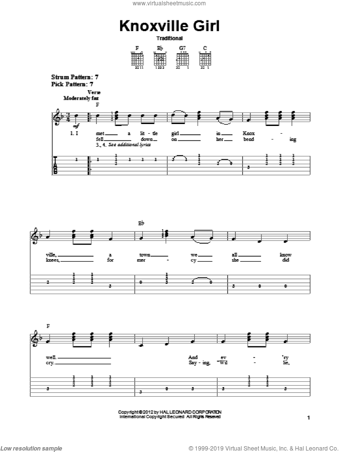 Knoxville Girl sheet music for guitar solo (easy tablature), easy guitar (easy tablature)