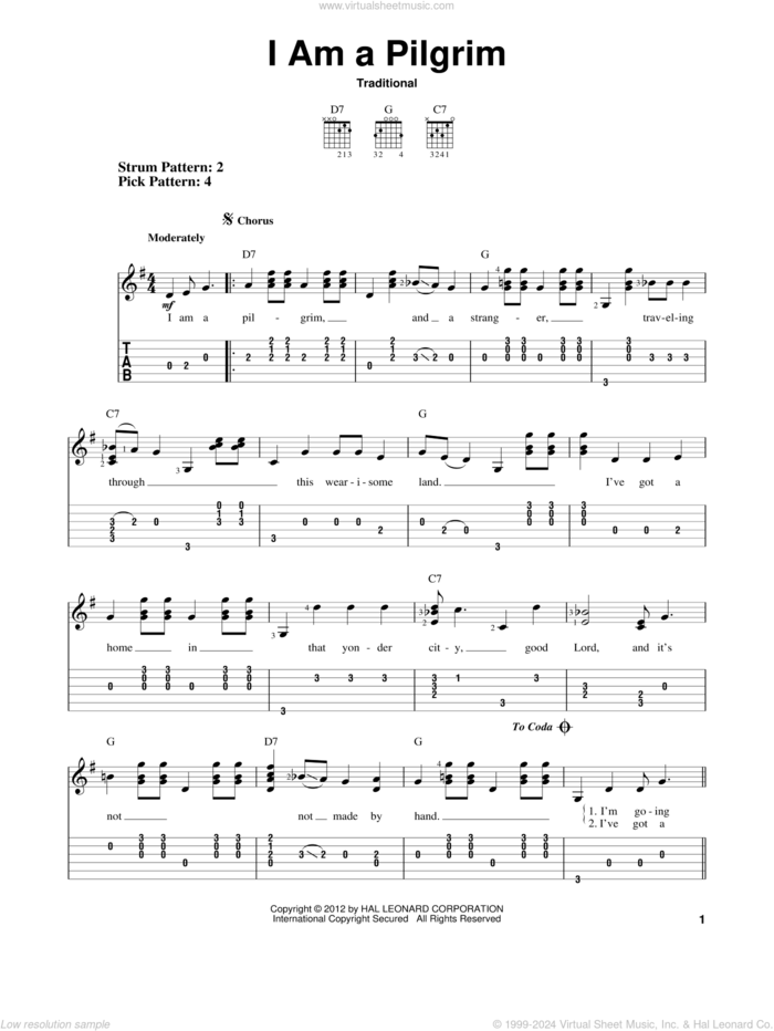 I Am A Pilgrim sheet music for guitar solo (easy tablature), easy guitar (easy tablature)