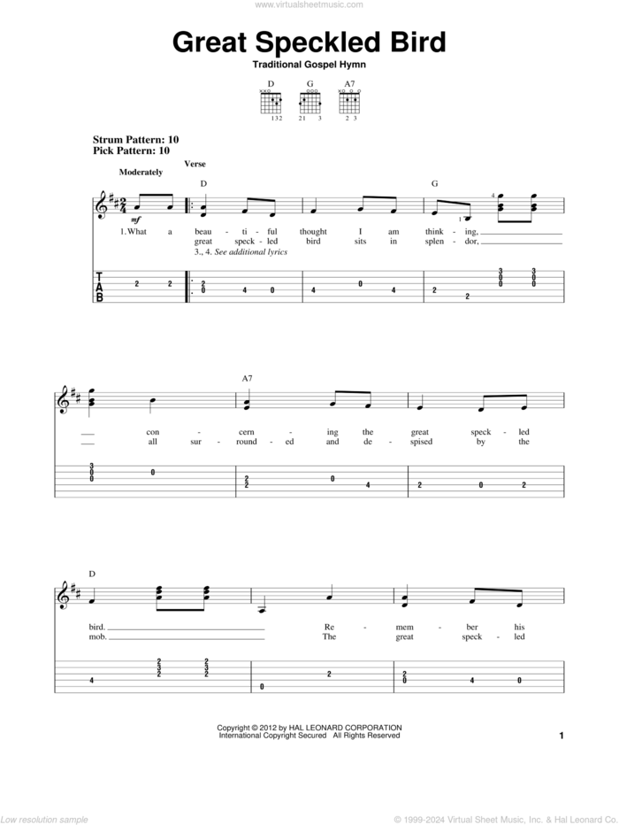 Great Speckled Bird sheet music for guitar solo (easy tablature) by Roy Acuff and Traditional Gospel Hymn, easy guitar (easy tablature)