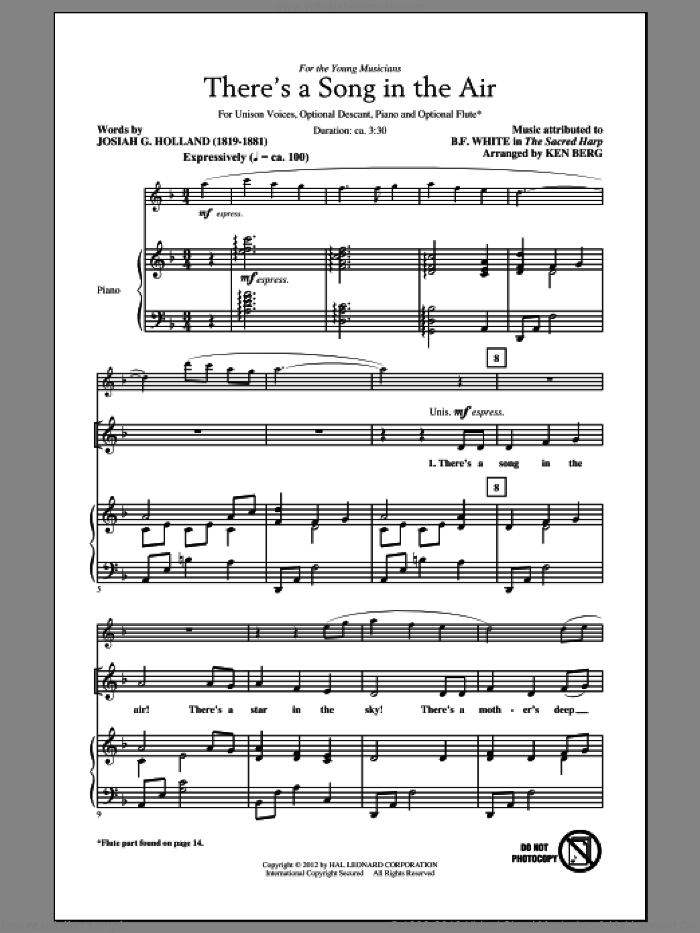 There's A Song In The Air sheet music for choir (Unison) by Josiah G. Holland, Benjamin Franklin White and Ken Berg, intermediate skill level