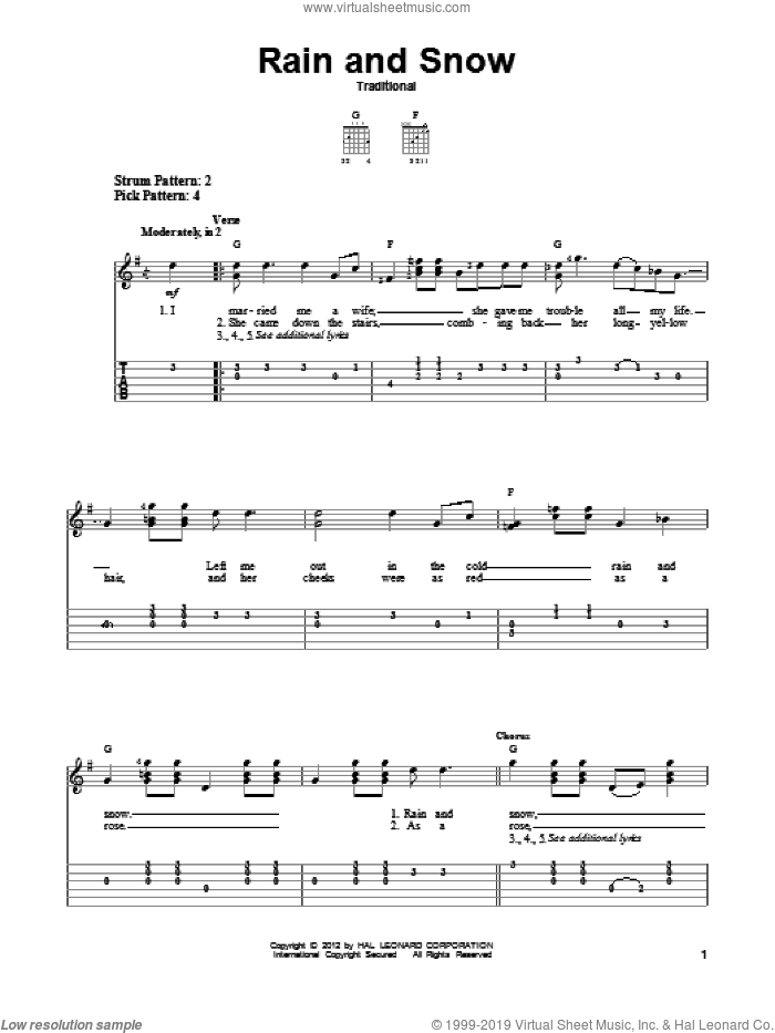 Rain And Snow sheet music for guitar solo (easy tablature), easy guitar (easy tablature)