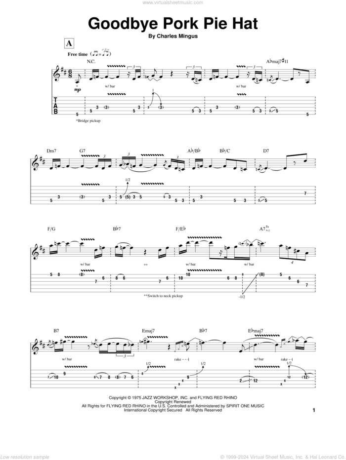 Goodbye Pork Pie Hat sheet music for guitar (tablature, play-along) by Jeff Beck and Charles Mingus, intermediate skill level