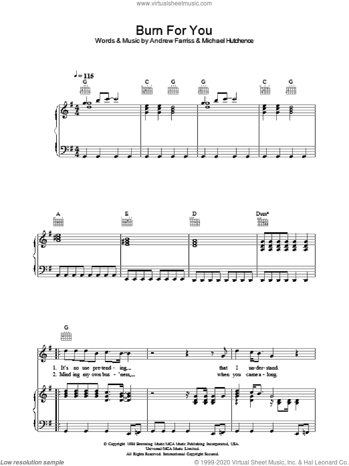 Burn For You sheet music for voice, piano or guitar by INXS, Andrew Farriss and Michael Hutchence, intermediate skill level