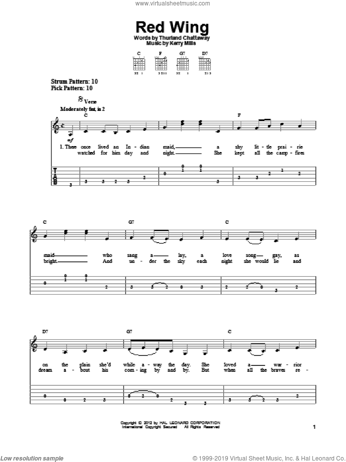 Red Wing sheet music for guitar solo (easy tablature) by Thurland Chattaway and Kerry Mills, easy guitar (easy tablature)