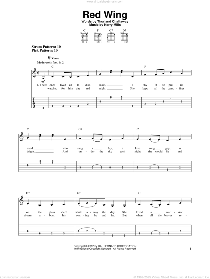 Red Wing sheet music for guitar solo (easy tablature) by Thurland Chattaway and Kerry Mills, easy guitar (easy tablature)