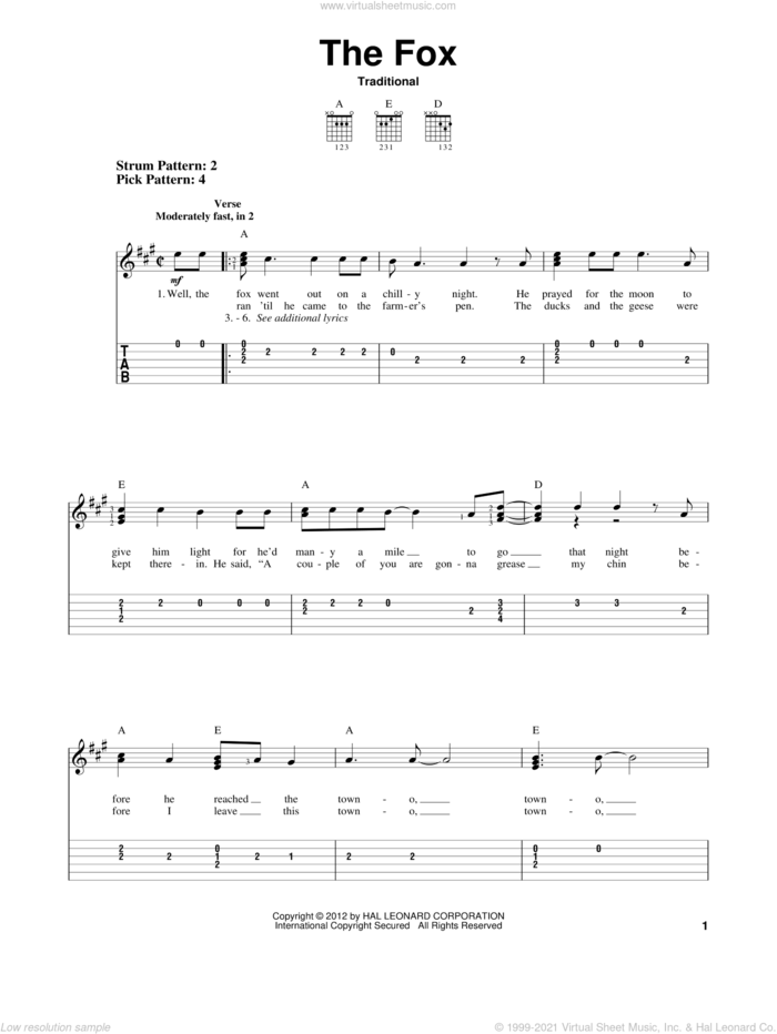 The Fox sheet music for guitar solo (easy tablature), easy guitar (easy tablature)