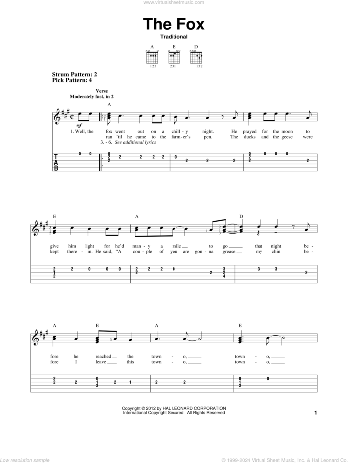 The Fox sheet music for guitar solo (easy tablature), easy guitar (easy tablature)