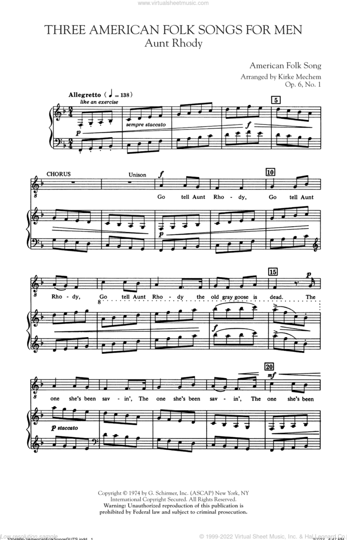 Three American Folk Songs For Men sheet music for choir (TTBB: tenor, bass) by Kirke Mechem, intermediate skill level