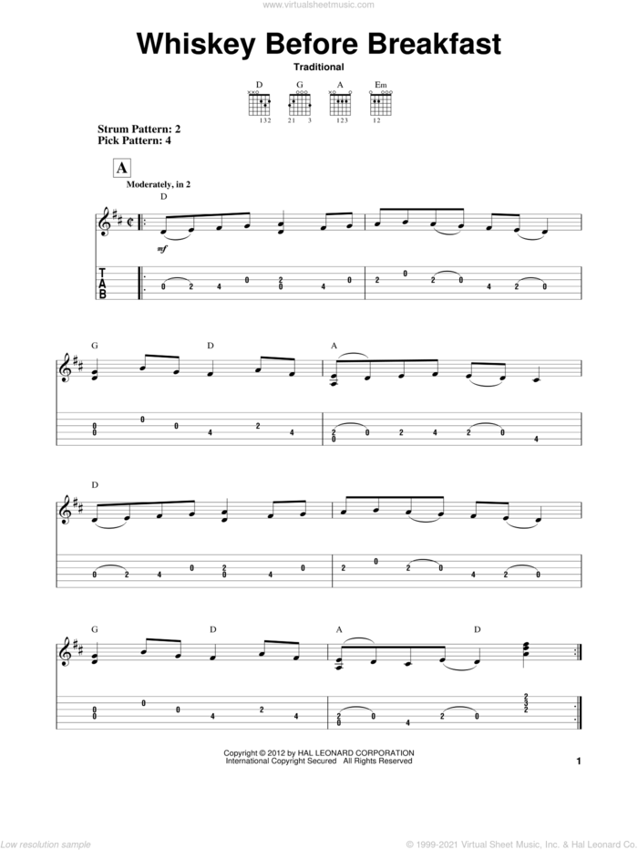 Whiskey Before Breakfast sheet music for guitar solo (easy tablature), easy guitar (easy tablature)