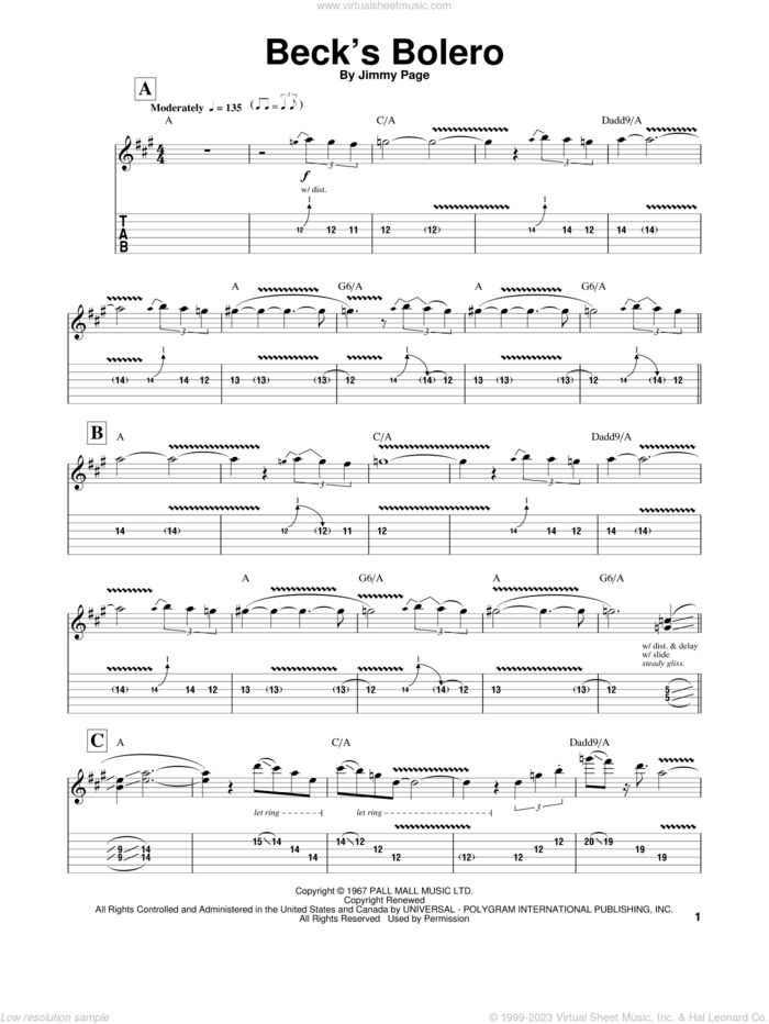 Beck's Bolero sheet music for guitar (tablature, play-along) by Jeff Beck and Jimmy Page, intermediate skill level