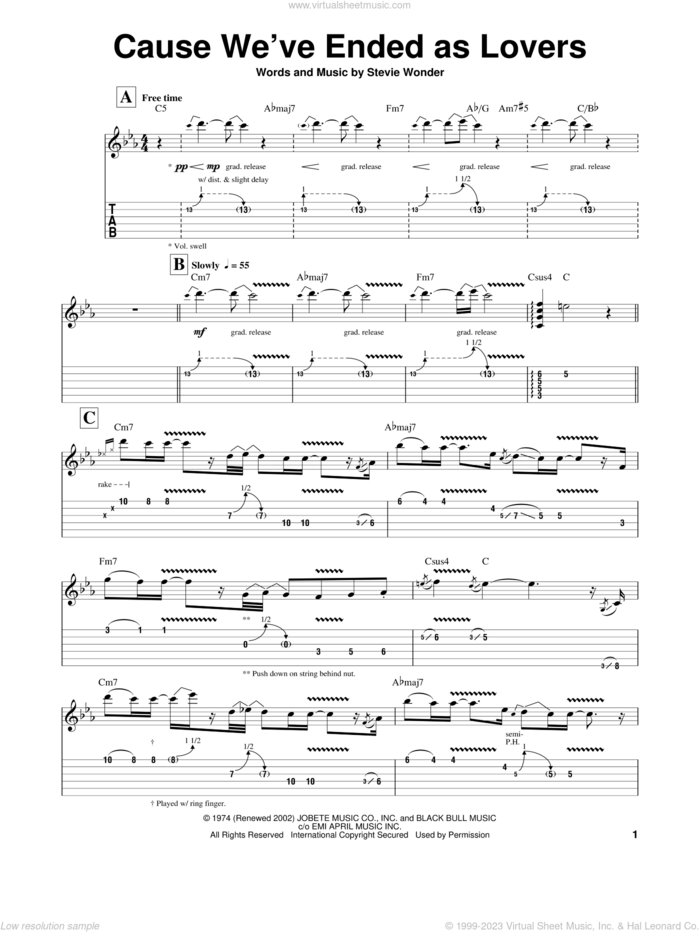 Cause We've Ended As Lovers sheet music for guitar (tablature, play-along) by Jeff Beck and Stevie Wonder, intermediate skill level