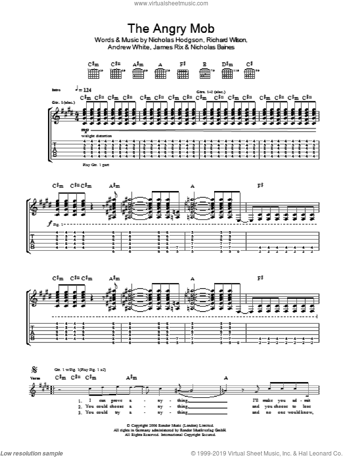 The Angry Mob sheet music for guitar (tablature) by Kaiser Chiefs, Andrew White, James Rix, Nicholas Baines, Nicholas Hodgson and Richard Wilson, intermediate skill level