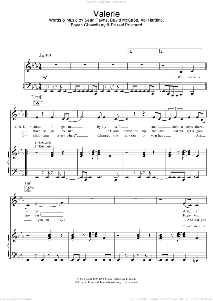 Valerie (feat. Amy Winehouse) sheet music for voice, piano or guitar by Mark Ronson, Amy Winehouse, The Zutons, Abi Harding, Boyan Chowdhury, David McCabe, Russel Pritchard and Sean Payne, intermediate skill level