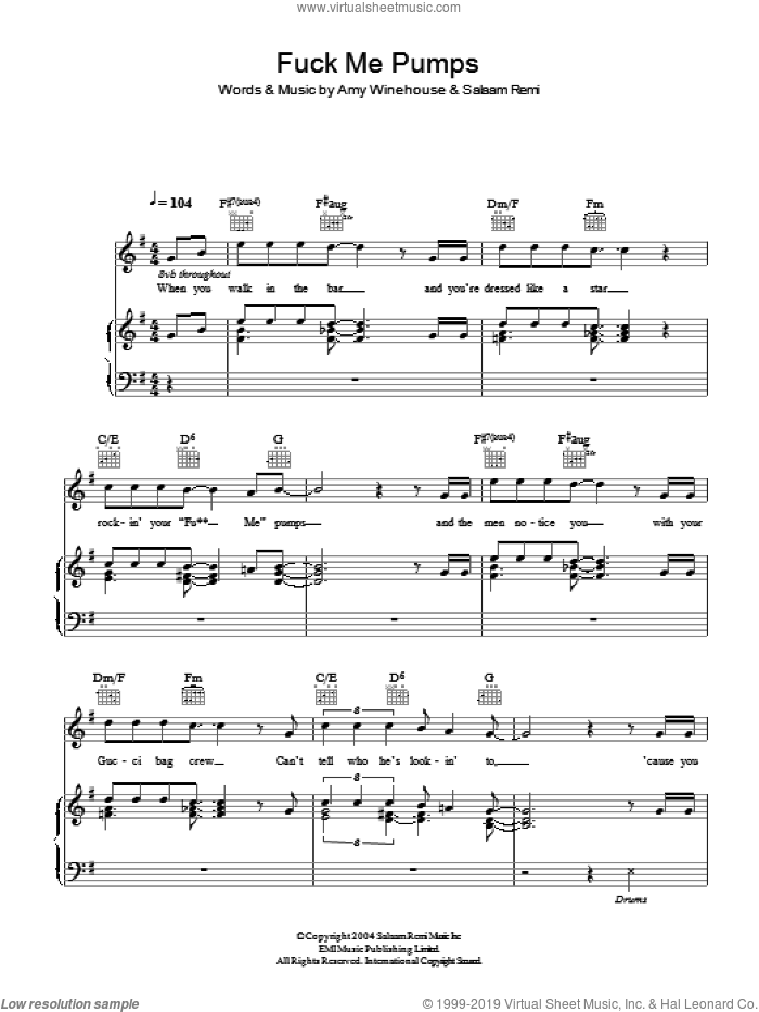 F**k Me Pumps sheet music for voice, piano or guitar by Amy Winehouse and Salaam Remi, intermediate skill level