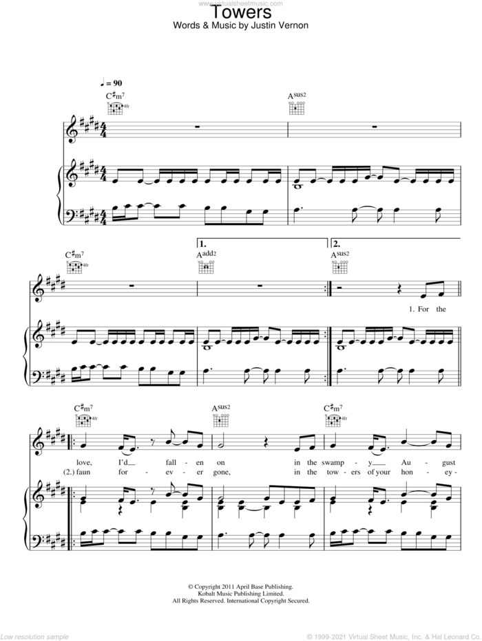Towers sheet music for voice, piano or guitar by Bon Iver and Justin Vernon, intermediate skill level