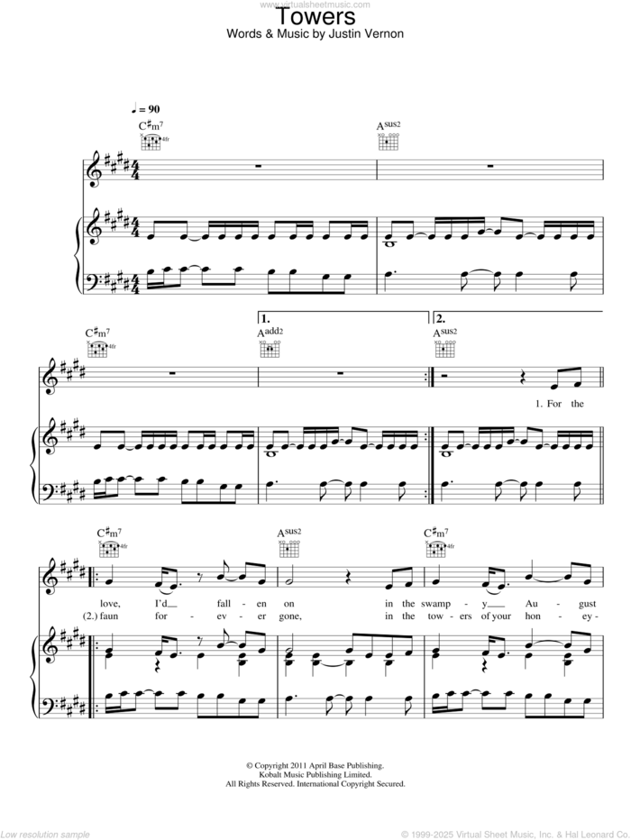 Towers sheet music for voice, piano or guitar by Bon Iver and Justin Vernon, intermediate skill level