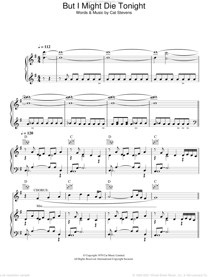 But I Might Die Tonight sheet music for voice, piano or guitar by Cat Stevens and Moonshadow (Musical), intermediate skill level