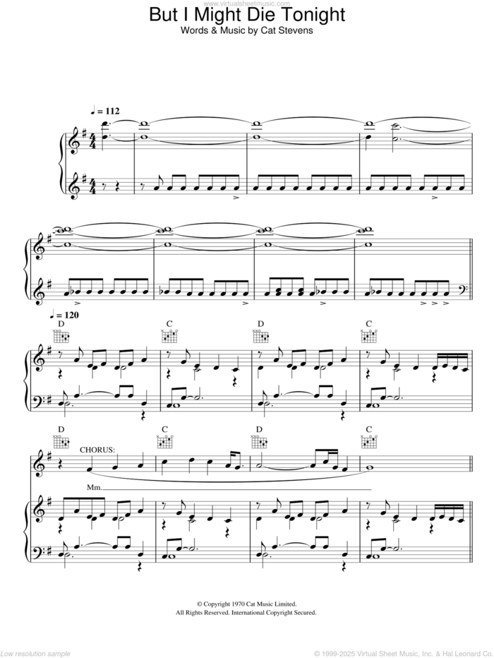 But I Might Die Tonight sheet music for voice, piano or guitar by Cat Stevens and Moonshadow (Musical), intermediate skill level