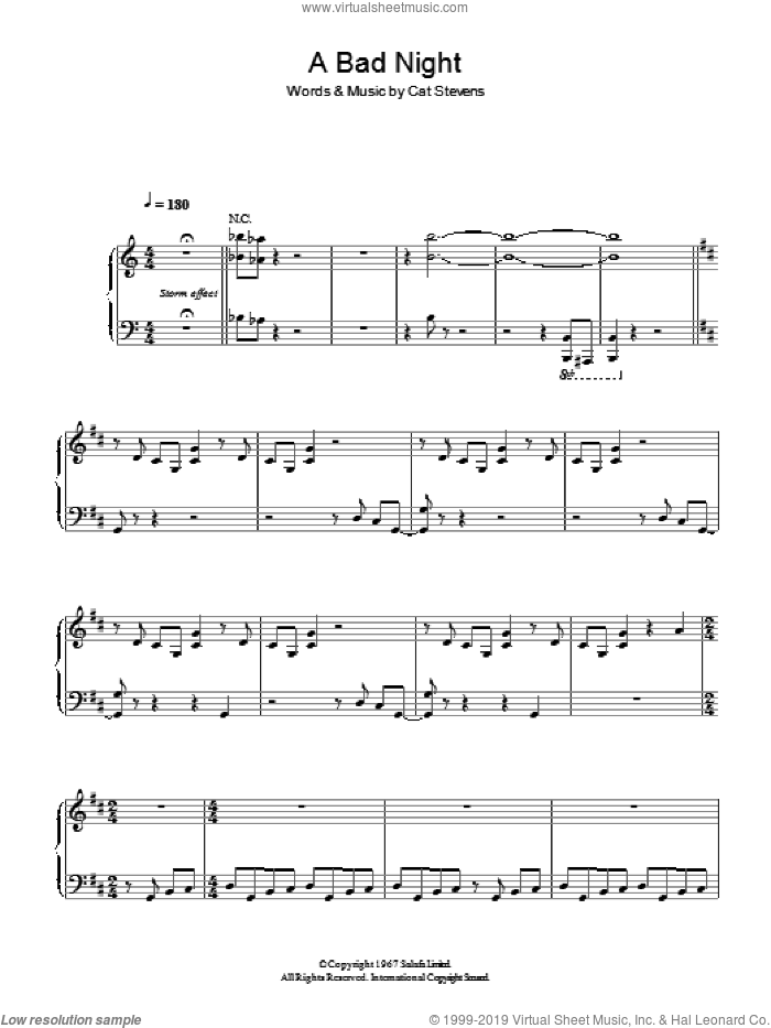 A Bad Night sheet music for voice, piano or guitar by Cat Stevens and Moonshadow (Musical), intermediate skill level