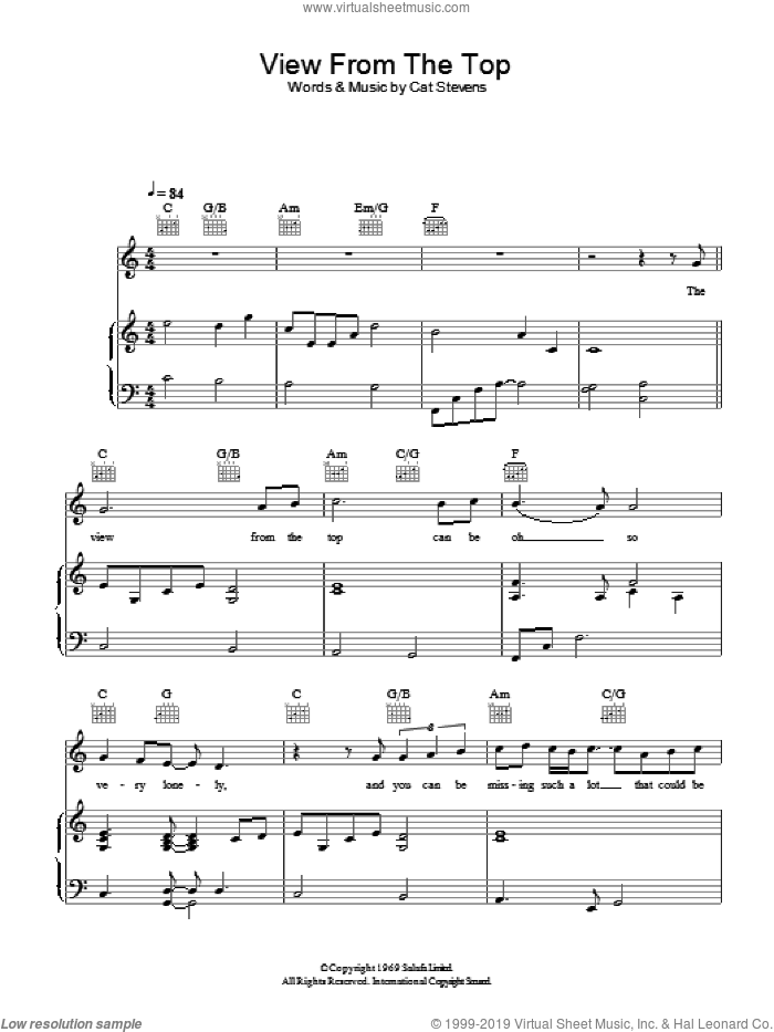 The View From The Top sheet music for voice, piano or guitar by Cat Stevens and Moonshadow (Musical), intermediate skill level