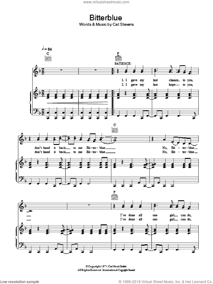 Bitterblue sheet music for voice, piano or guitar by Cat Stevens and Moonshadow (Musical), intermediate skill level