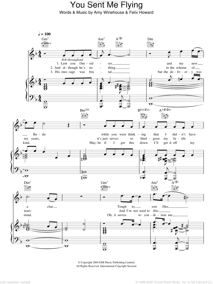 You Sent Me Flying sheet music for voice, piano or guitar by Amy Winehouse and Felix Howard, intermediate skill level