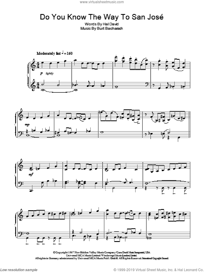 Do You Know The Way To San Jose sheet music for piano solo by Burt Bacharach and Hal David, intermediate skill level
