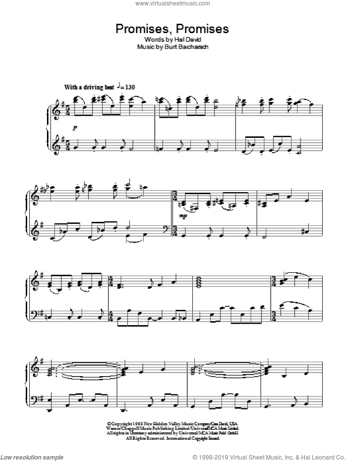Promises, Promises, (intermediate) sheet music for piano solo by Bacharach & David, Burt Bacharach and Hal David, intermediate skill level