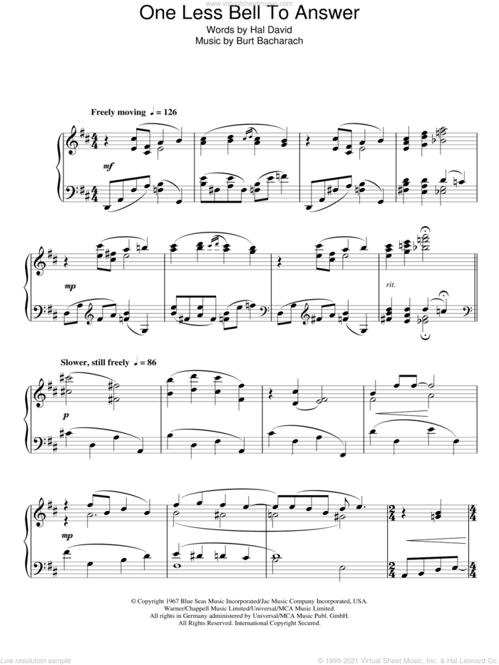 One Less Bell To Answer, (intermediate) sheet music for piano solo by Bacharach & David, Burt Bacharach and Hal David, intermediate skill level
