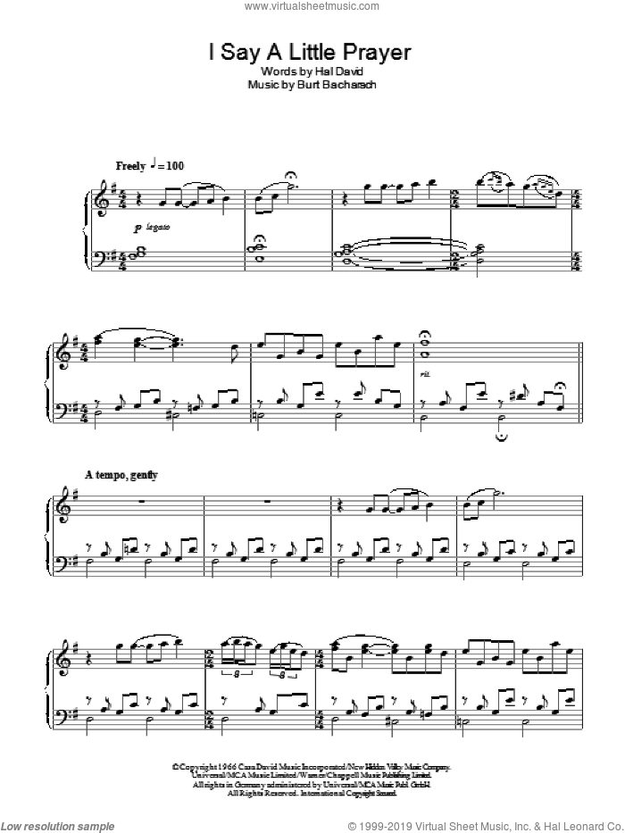 I Say A Little Prayer, (intermediate) sheet music for piano solo by Bacharach & David, Burt Bacharach and Hal David, intermediate skill level