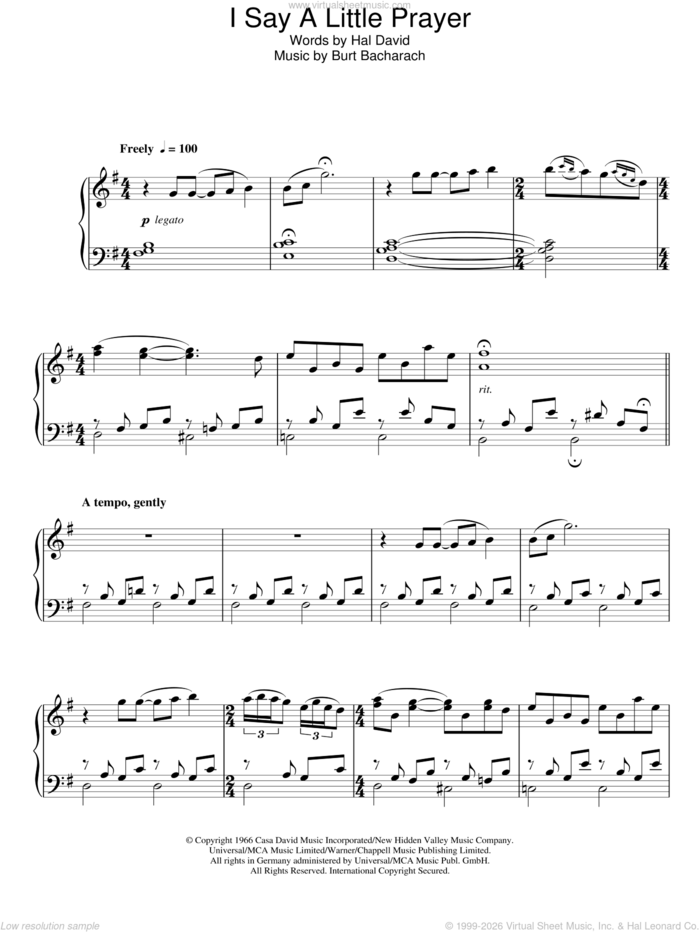 I Say A Little Prayer sheet music for piano solo by Bacharach & David, Burt Bacharach and Hal David, intermediate skill level
