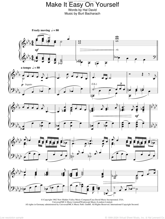 Make It Easy On Yourself sheet music for piano solo by Bacharach & David, Burt Bacharach and Hal David, intermediate skill level