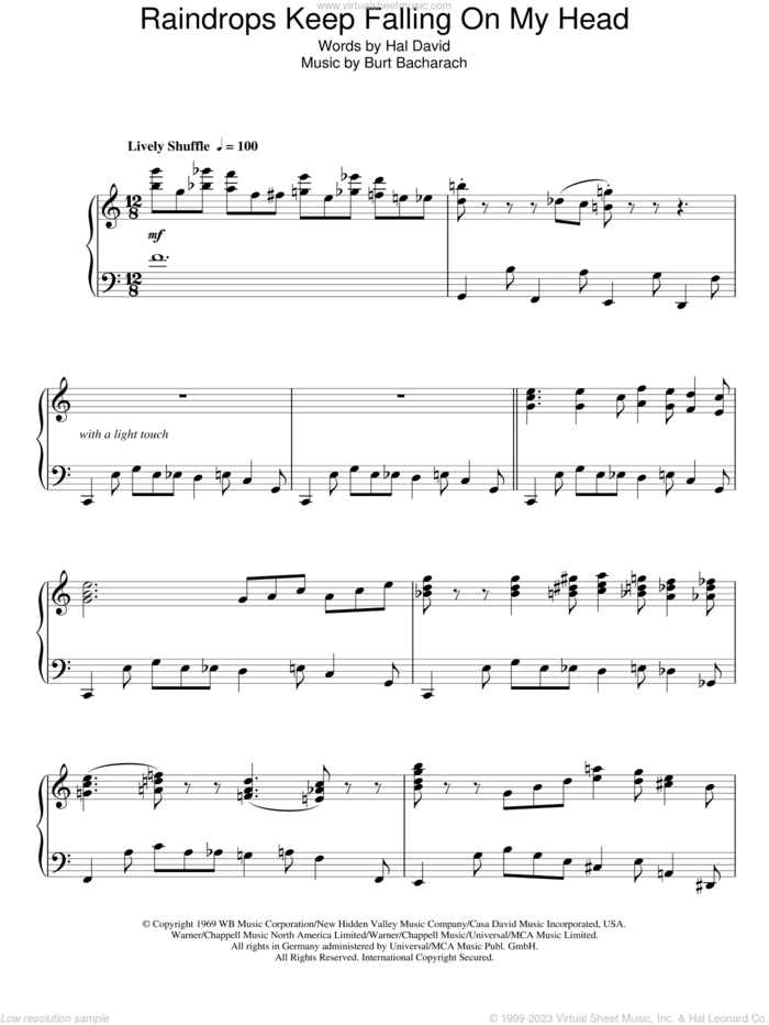 Raindrops Keep Falling On My Head, (intermediate) sheet music for piano solo by Bacharach & David, Burt Bacharach and Hal David, intermediate skill level