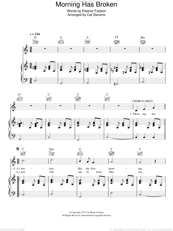 Morning Has Broken sheet music for voice, piano or guitar by Cat Stevens, Moonshadow (Musical) and Eleanor Farjeon, intermediate skill level