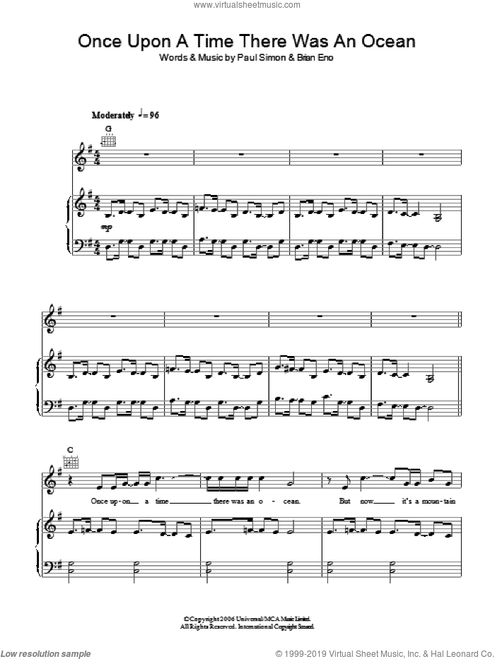 Once Upon A Time There Was An Ocean sheet music for voice, piano or guitar by Paul Simon and Brian Eno, intermediate skill level
