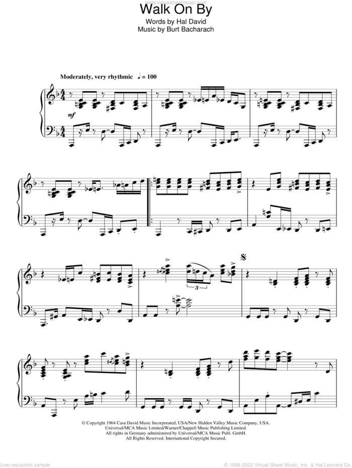 Walk On By sheet music for piano solo by Burt Bacharach and Hal David, intermediate skill level