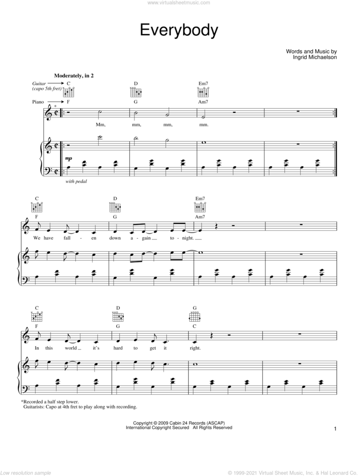 Everybody sheet music for voice, piano or guitar by Ingrid Michaelson, intermediate skill level
