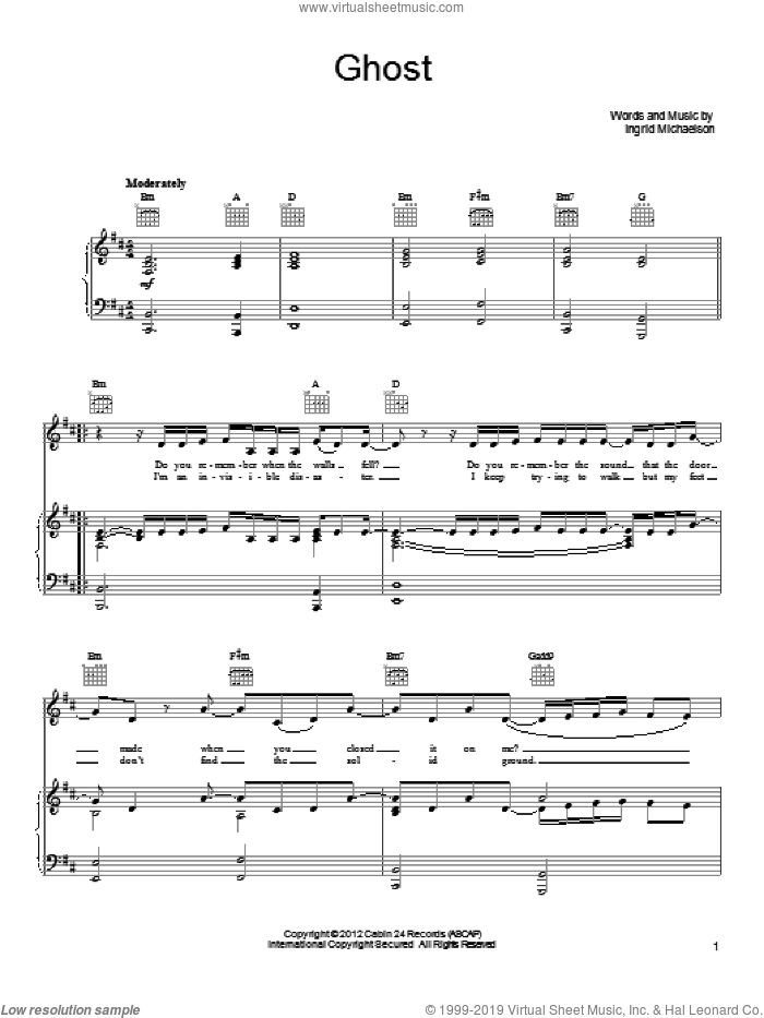 Ghost sheet music for voice, piano or guitar by Ingrid Michaelson, intermediate skill level