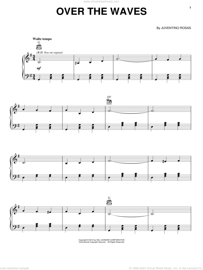 Over The Waves sheet music for piano solo by Juventino Rosas, intermediate skill level