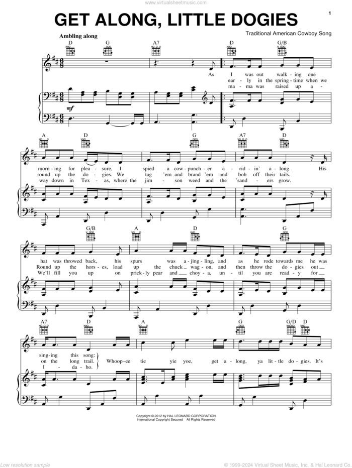 Get Along, Little Dogies sheet music for voice, piano or guitar, intermediate skill level