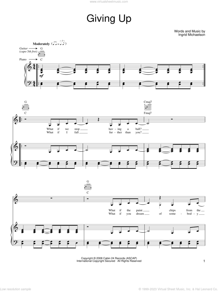Giving Up sheet music for voice, piano or guitar by Ingrid Michaelson, intermediate skill level